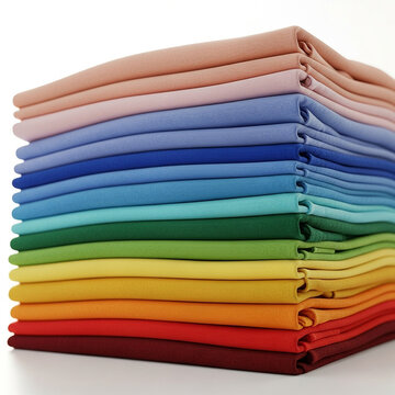 A neat stack of colorful folded fabric textiles arranged in a spectrum gradient isolated on white background