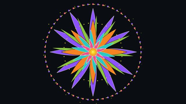 Colorful mandala flower kaleidoscope animation with rotating dotted circle frame on black background