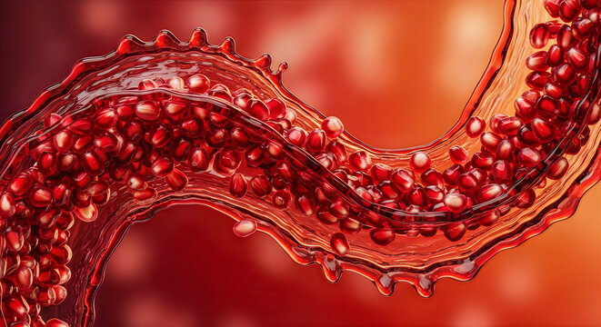 Pomegranate seeds flowing like a river a vibrant and juicy abstract composition