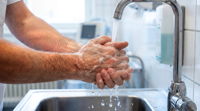 Hands carefully washing with soap and water at a clinical sink, illustrating proper hand hygiene, infection prevention, cleanliness, sanitation, and healthcare safety practices.