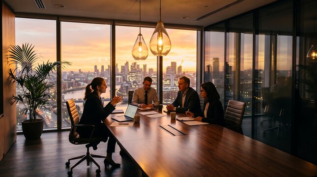 Business team having a meeting around wooden boardroom table in glass walled office overlooking city skyline at golden hour with soft sunlight and professional atmosphere