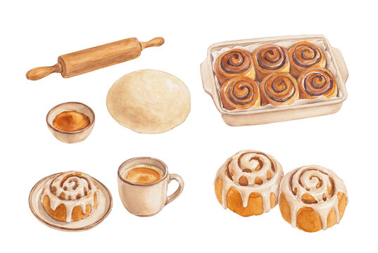 Watercolor Cinnamon Rolls and Baking Tools Set
