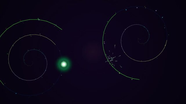 Abstract green glowing spiral trajectory lines and orbital particles on dark space background