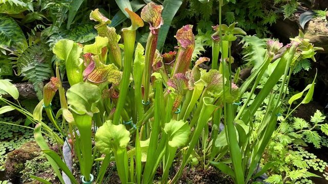 Group of colorful trumpet pitcher plants (Sarracenia species) with veined yellow-green and pink tall carnivorous pitchers.