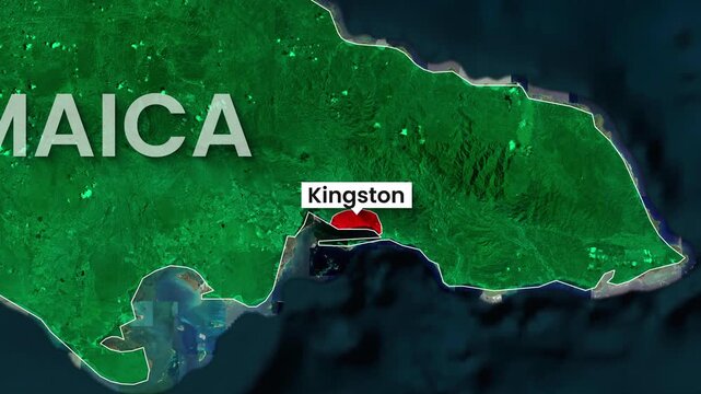 Kingston location highlighted on animated satellite map footage of Jamaica