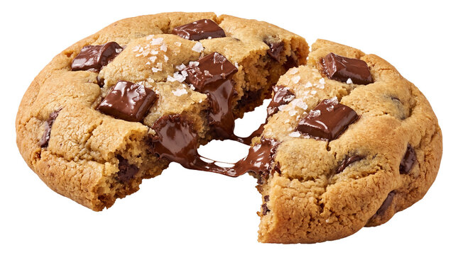 Gourmet chocolate chip cookie with sea salt, broken warm cookie with melting dark chocolate chunks, isolated on white background