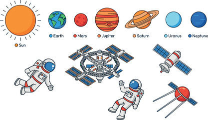 Outer Space Exploration Vector Collection Featuring Solar System Planets Astronauts Space Station and Satellites for Educational Designs © Shasa icon studio