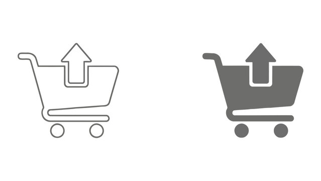 Shopping cart with upload arrow icon for order processing in line and solid styles