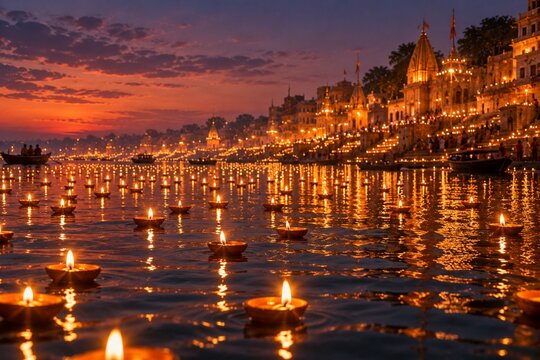 Hundreds of traditional diya lamps floating on river water with illuminate ghats and temples at sunset during dev deepawali