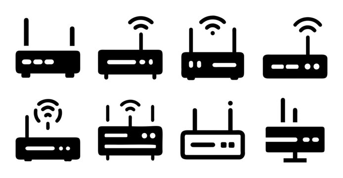 Eight wireless router icons in black and white - Set of eight minimalist black and white router icons showing different signal strengths and styles for digital or tech design projects.