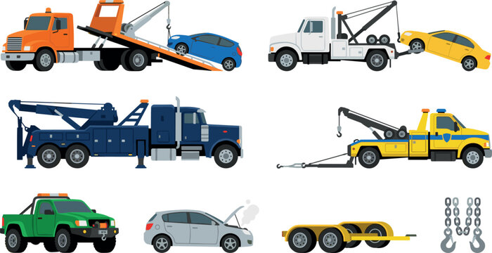 Tow truck vector icon set featuring flat illustrations of flatbed car carriers heavy duty wreckers broken down vehicles trailer and towing chains