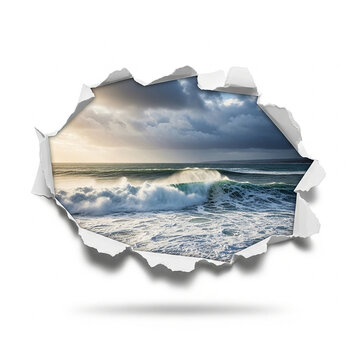 A dramatic ocean wave crashing during a stormy sunset, viewed through a realistic torn paper hole effect, isolated on white background