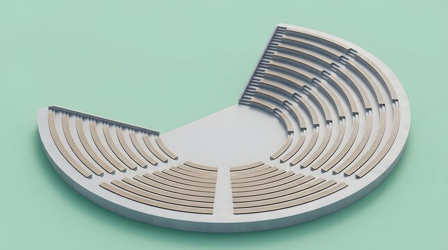 Modern semicircular stadium seating arrangement featuring clean minimalist white rows and wooden benches captured from a high angle isometric view
