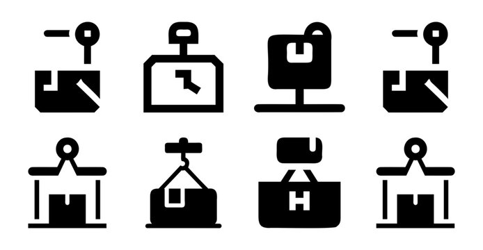 Flat pack furniture assembly icons set - Minimalist black and white icons showing different flat pack furniture assembly steps and tools like keys, screws, and boxes.