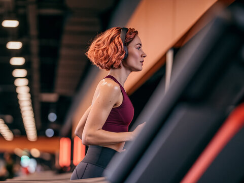 Fitness treadmill gym woman running red hair workout in profile, focused and determined stride