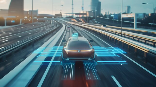 Autonomous car concept driving on smart highway.