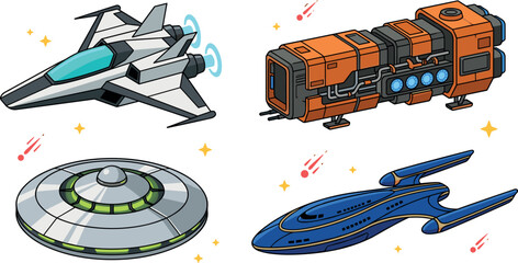 Sci fi spaceship vector icon set featuring flat cartoon illustrations of cosmic fighter jets cargo shuttles flying saucers and futuristic starships © SARIFA