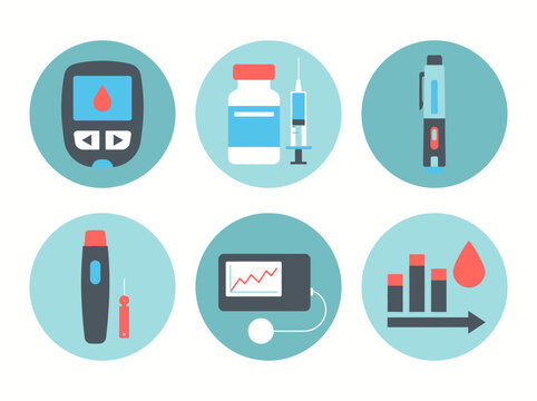 Diabetes Care and Blood Glucose Monitoring Flat Icon Set