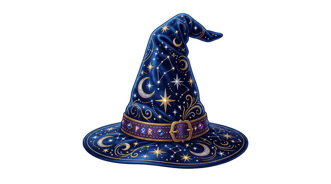 Mystical blue wizard hat with celestial gold stars and moon patterns, magical sorcerer headwear with purple belt buckle, fantasy velvet pointed hat isolated PNG with Transparent Background