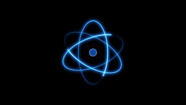 Blue neon atom model with orbiting electrons on a black background science physics