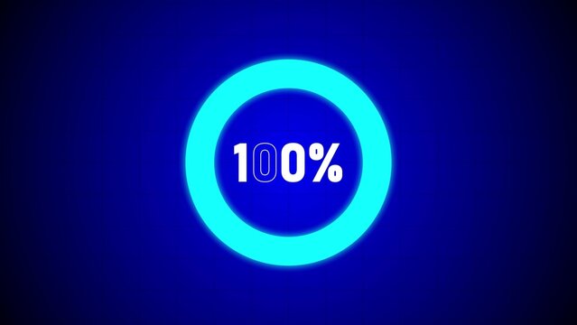 Blue neon circle loading bar showing 100 percent completion on dark blue background progress bar ring