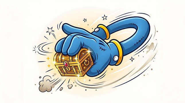 Magical blue hand unveils a sparkling golden treasure chest filled with untold riches and mystical wonder