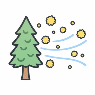 Cedar tree releasing clouds of yellow pollen carried by the wind, pollen season and hay fever source concept