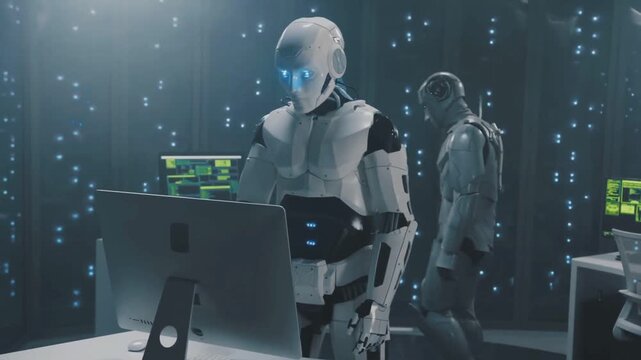 Two Robots Analyzing Computer Data In High Technology Laboratory
