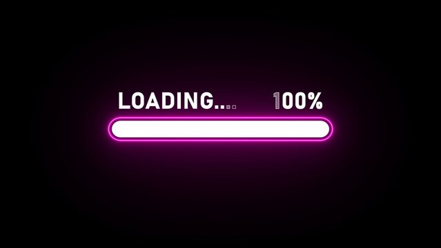 Loading bar and 100 percent text with neon pink outline on black background progress completion