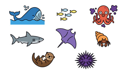 Flat design ocean animal icon set: whale, shark, octopus, otter, manta ray, fish, hermit crab, sea urchin © Sugiyo