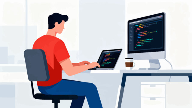 Man sits at desk, focused on coding tasks. Laptop and monitor show lines of colorful code. Coffee cup rests beside his workspace. Clean, modern office background suggests productivity