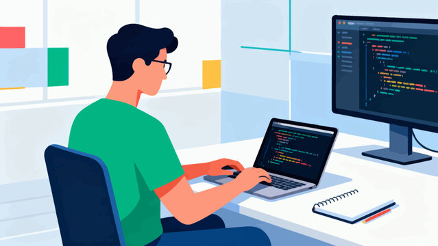 Man sits at desk, focused on code. Laptop and monitor display programming lines. Glasses and green shirt add casual professionalism. Workspace includes notebook, keyboard, mouse