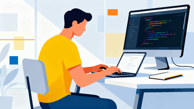 Young coder focuses intently on laptop and monitor. Coding lines glow vividly on dual screens. Bright yellow shirt adds cheerful contrast. Clean desk holds notebook and keyboard