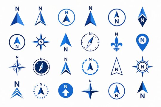 Set of blue north direction arrow icons and compass symbols