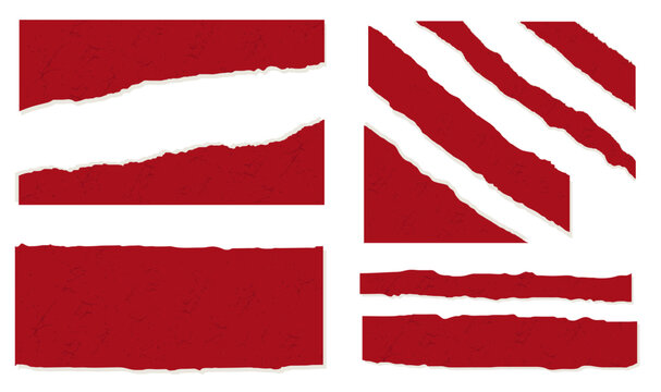 Red Torn Paper Strips Set with Ripped Edges for Collage Design. Torn Paper Elements for Scrapbook and Creative Design.