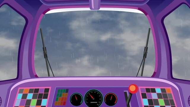 Animated Purple Vehicle Interior Looking Out at Stormy Rainy Sunrise Sky
