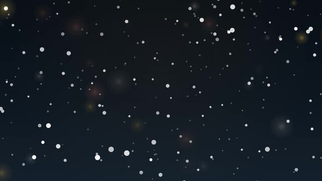 Seamless loop of gentle falling snow in three depth layers with soft warm golden and red bokeh orbs drifting across a dark navy background, elegant and calm, perfect for holiday video intros, title ba
