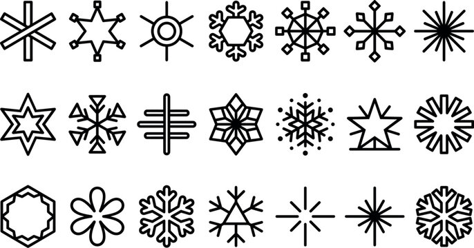 Winter Christmas snowflake lineart icons set with geometric snow frost star decoration vector