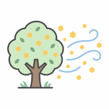 Broadleaf tree shedding yellow pollen grains into a breeze, seasonal tree pollen allergy concept