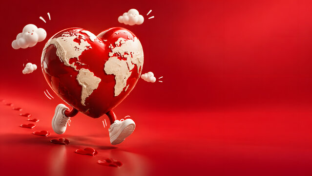 Whimsical 3D illustration of a heart-shaped Earth running in sneakers, symbolizing the importance of physical activity, exercise, and an active lifestyle for maintaining a healthy heart. Creative conc
