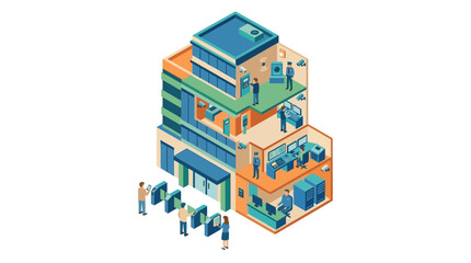Fototapeta premium Multi Floor Smart Building Cutaway with Offices and Server Room Isometric Illustration