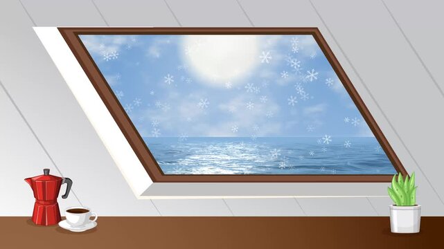 Animated Snowy Day Sky and Ocean View Through Attic Window