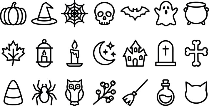 Spooky Halloween Celebration and Autumn Season Outline Icon Set for Festive Party Invitation Card Vector Illustration