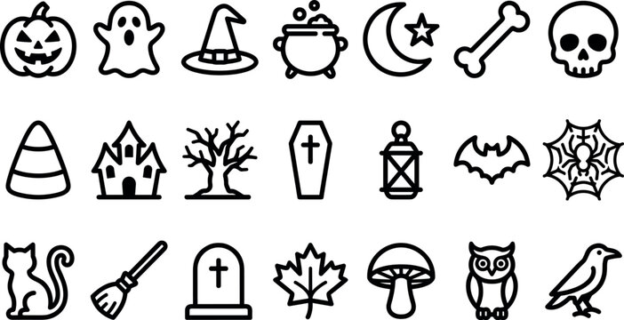 Spooky Halloween Party and Autumn Holiday Celebration Outline Icon Set for Seasonal Web Graphic Design Vector