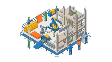 Fototapeta premium Robotic Arm Assembling Prefabricated Building Structure on Factory Platform, Isometric Illustration