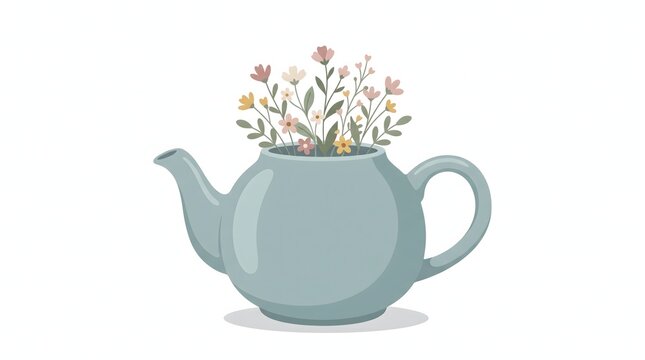 Generative AI vector illustration of a ceramic teapot with tiny flowers and leaves growing from its opening, featuring smooth shapes, soft muted colors, clean modern styling, and subtle shadows.