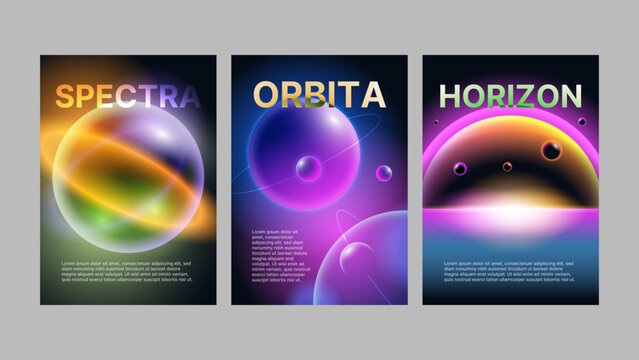 Futuristic Space Poster Set with 3D Glowing Planets, Neon Horizon and Cosmic Galaxy Gradient Background. Sci-Fi Event Flyer, Abstract Universe Cover Design Template.