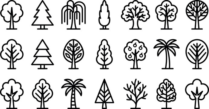 Tree line icon set featuring forest nature foliage plants and environment eco symbols in linear style