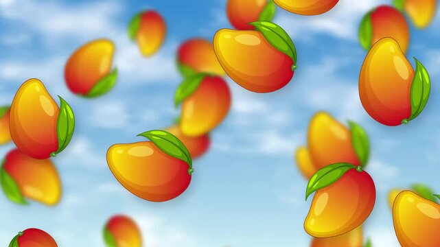 Animated Ripe Mangoes Falling Against a Bright Blue Sky Background