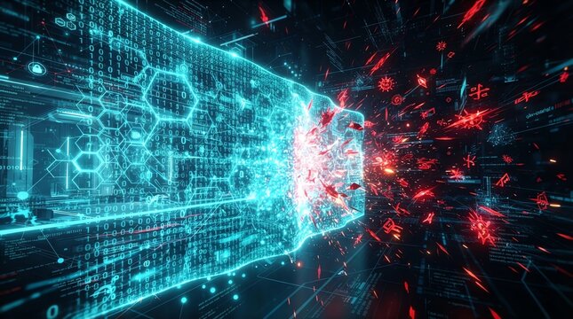 Digital data stream disrupted by red energy shards